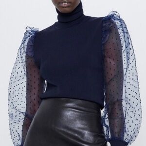 Zara Chic Navy Blue Turtleneck with Polka Dot Taffeta Mesh Puff Sleeves Size S